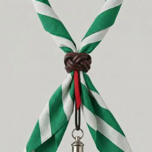 Pañuelo scout verde y blanco anudado con un nudo de cuero, del que cuelga un silbato metálico sujeto por un cordón