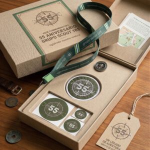Caja conmemorativa del 55 aniversario del Grupo Scout 188 abierta sobre una mesa de madera, con cinta verde del grupo, parche bordado, adhesivos, brújula y tarjeta conmemorativa en su interior.