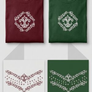 Dos camisetas scout dobladas, una roja y otra verde, con un diseño de flor de lis en el centro, acompañadas de gráficos decorativos con el texto “Festival Scout de la Canción de Cádiz”.