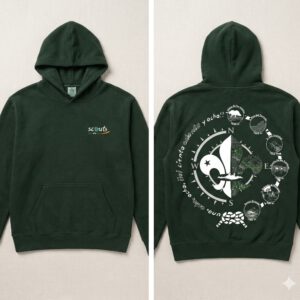 Sudadera verde con capucha mostrada por delante y por detrás. E n el pecho aparece el logotipo de Scouts y en la espalda un diseño gráfico con una brújula, la flor de lis y varios puntos de referencia de montaña.