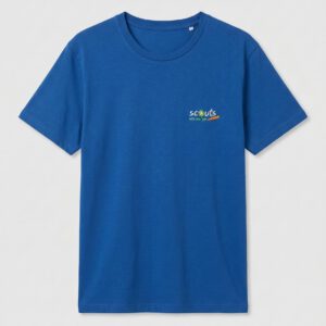 Camiseta azul de manga corta con el logotipo de Scouts en el pecho.